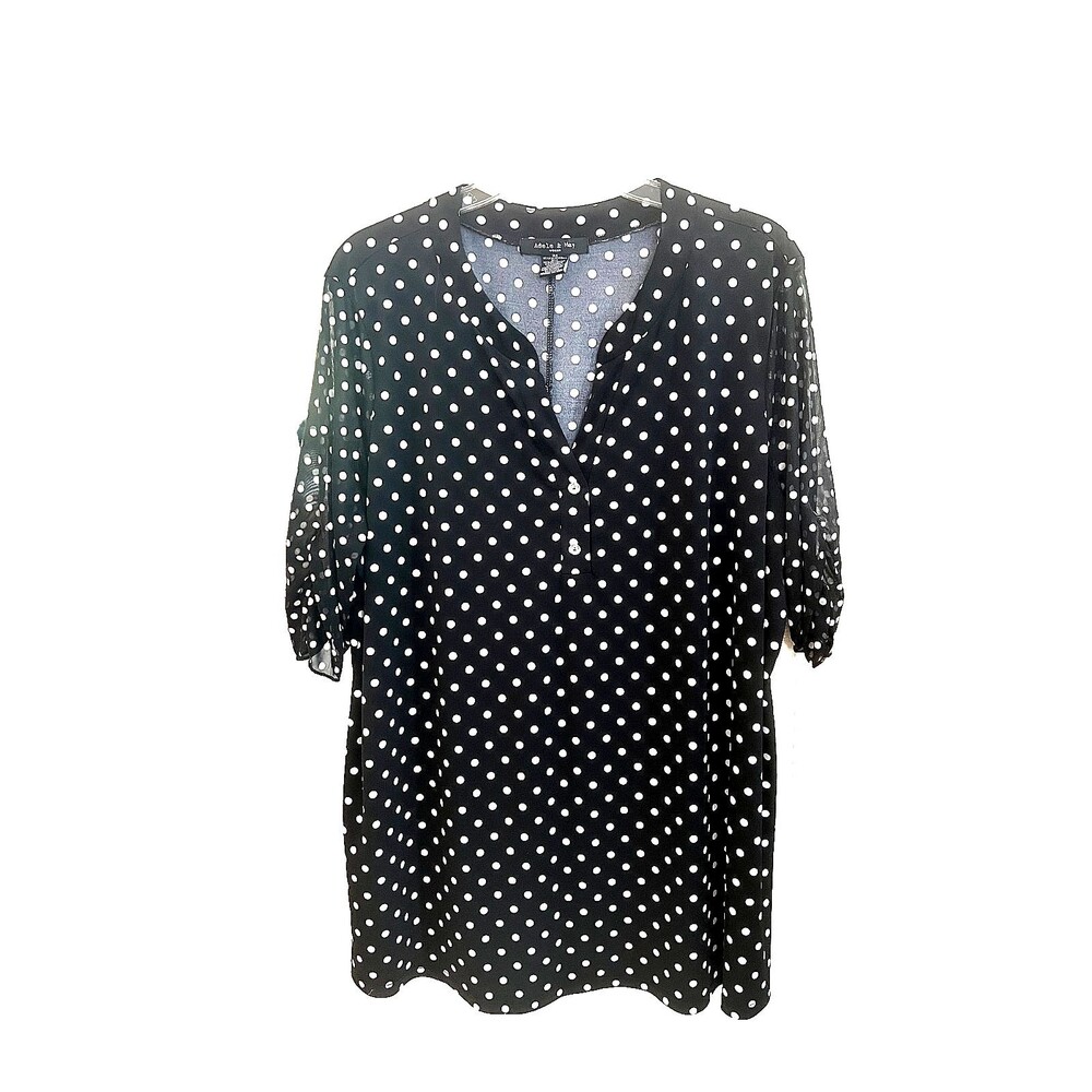 Adele & May 3X Black White PolkaDot V-Neck Sparkly Crystal Buttons, sheer sleeve